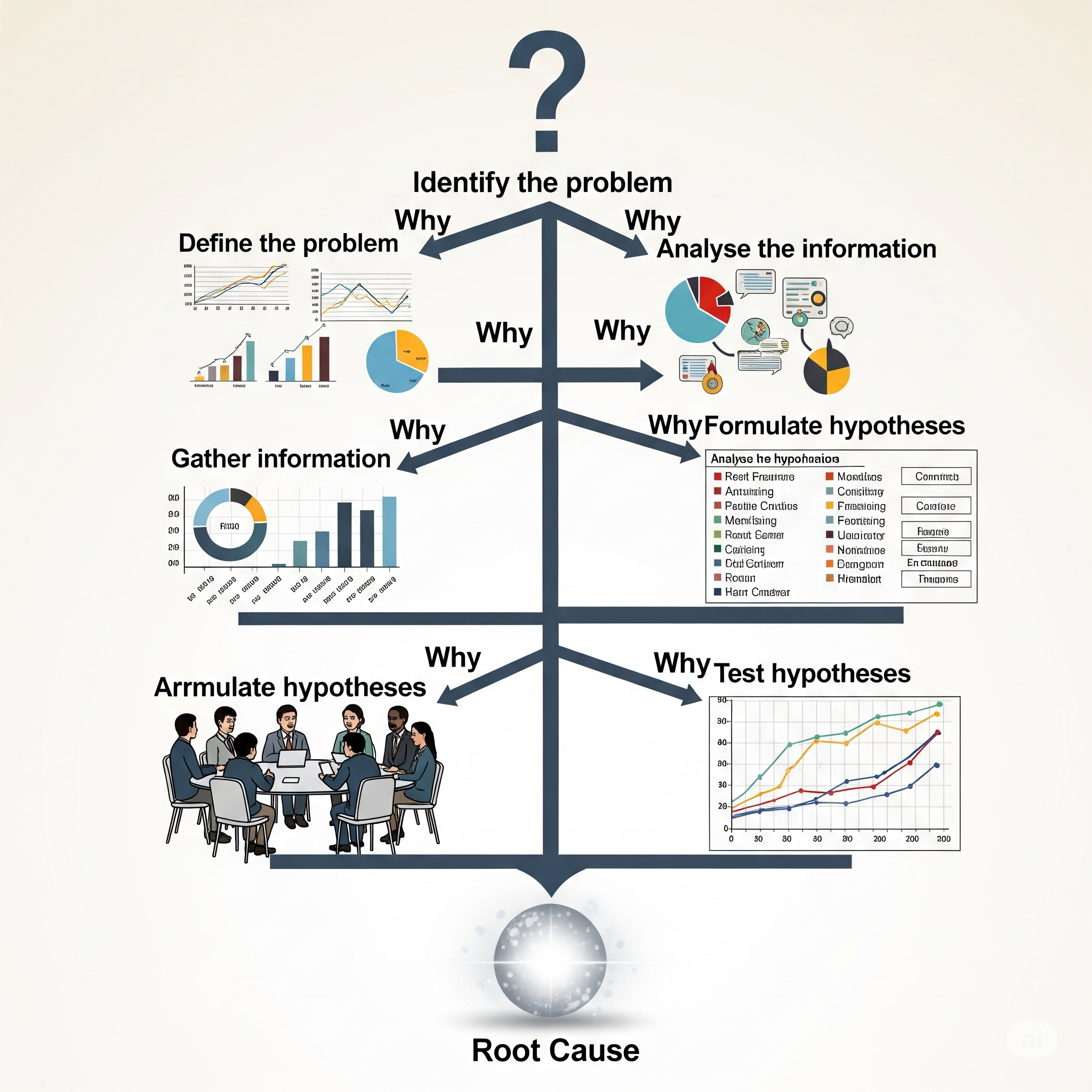 A branching tree diagram illustrates the 5 Whys process, showing the progression of questions to identify the root cause. Each "Why" branch is represented by a different visual element: charts, people, data visualization, a list, and a graph. The root cause is a glowing sphere.