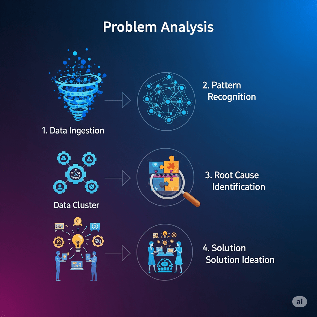 A futuristic infographic detailing the problem analysis process, including data ingestion, pattern recognition, root cause identification, and solution ideation.