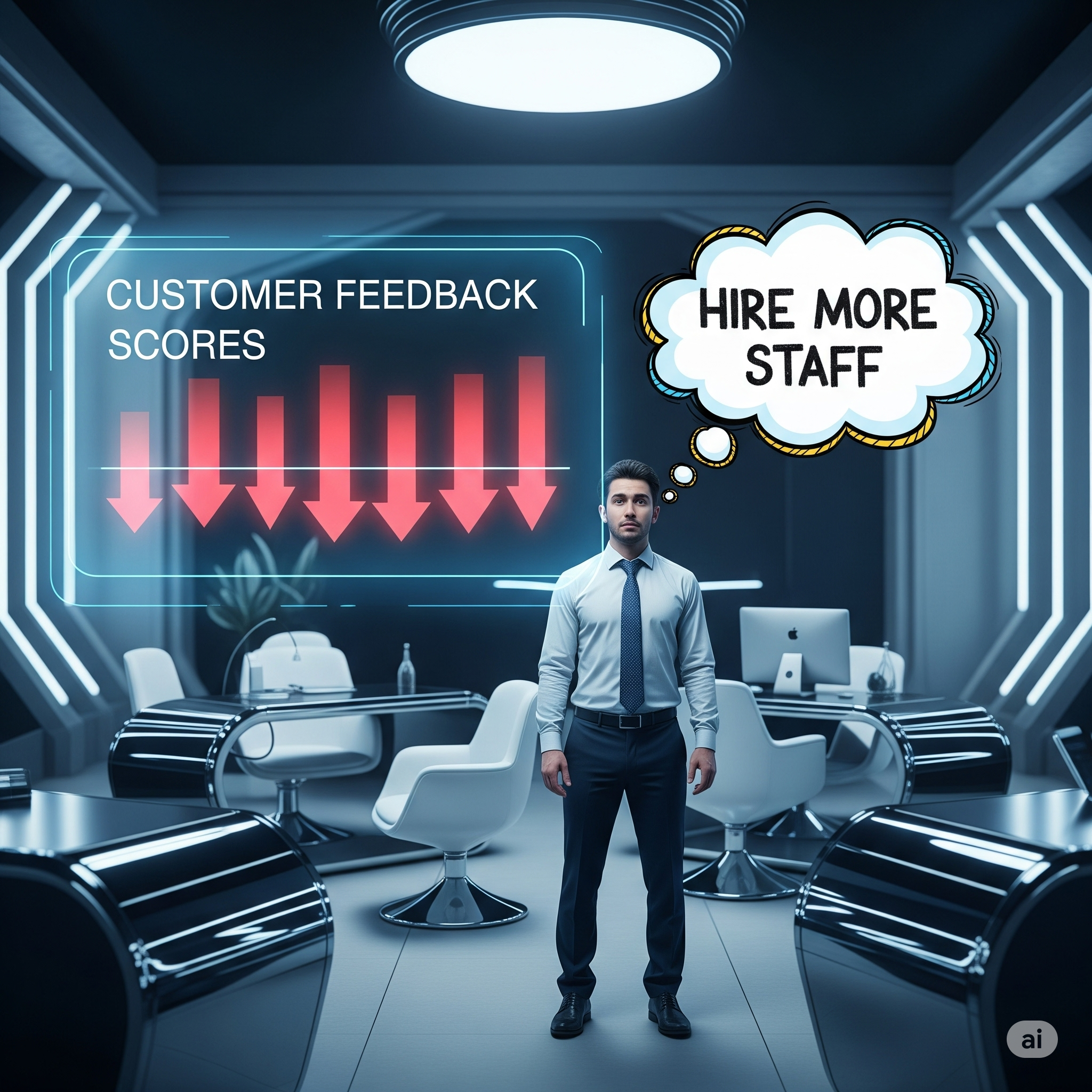  A manager in a futuristic office views a holographic projection showing low customer feedback scores, with a thought bubble above him suggesting hiring more staff.