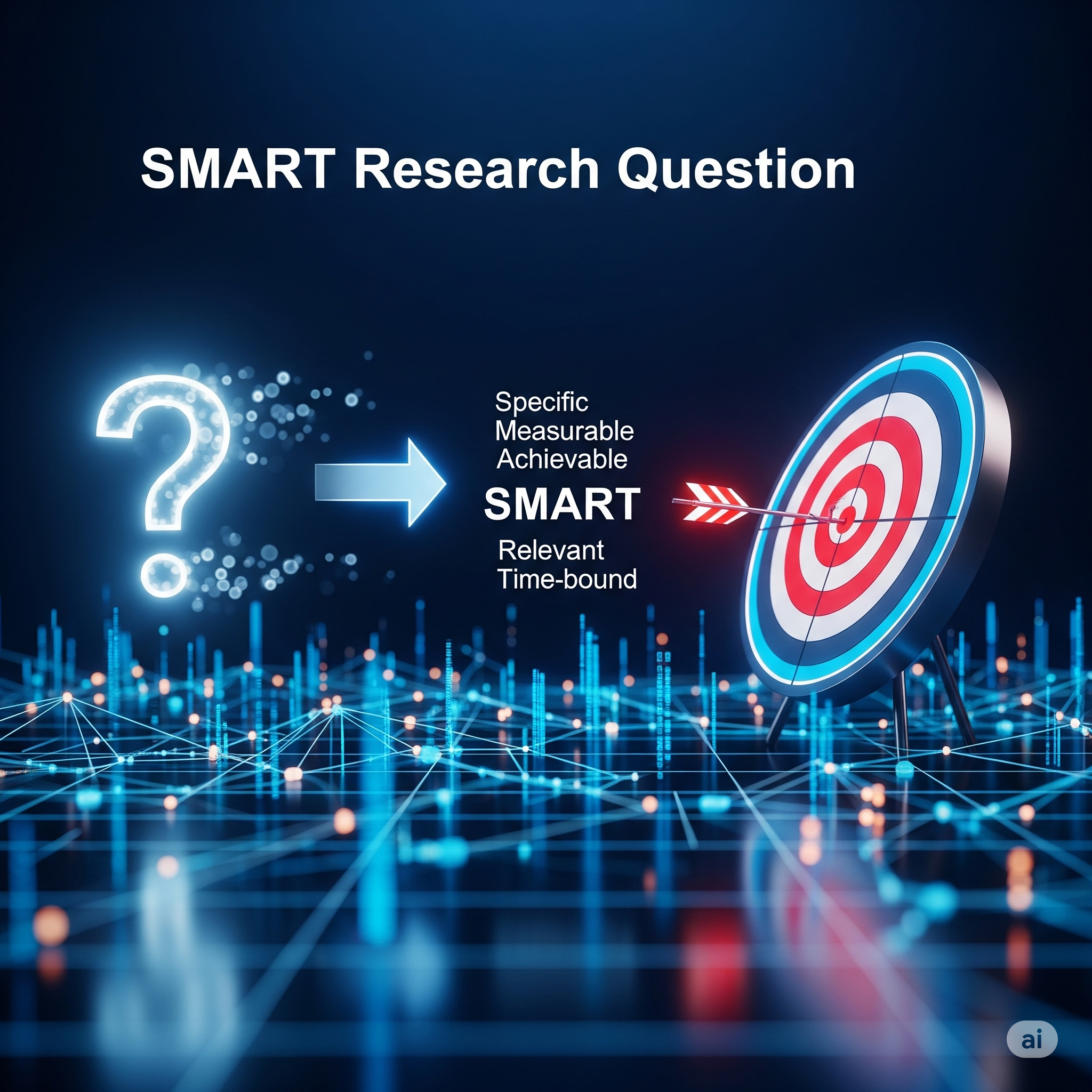 An image showing a question mark transforming into an arrow hitting a bullseye, representing the shift from a vague to a SMART research question. The acronym SMART is included, along with data streams.