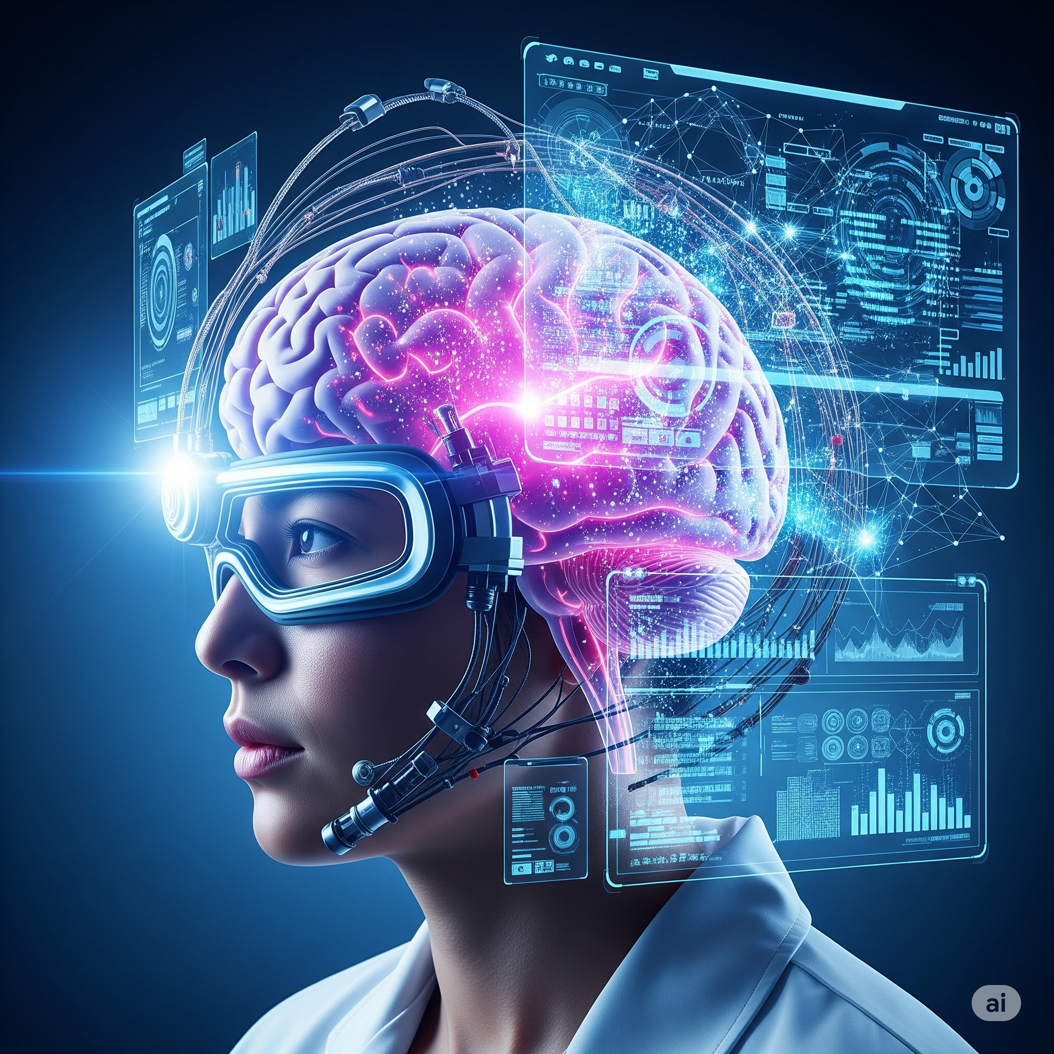 A futuristic digital art piece showing a glowing, intricate human brain seamlessly integrated with a complex computer interface and swirling data visualizations, representing the fusion of human intellect and artificial intelligence in data analysis.