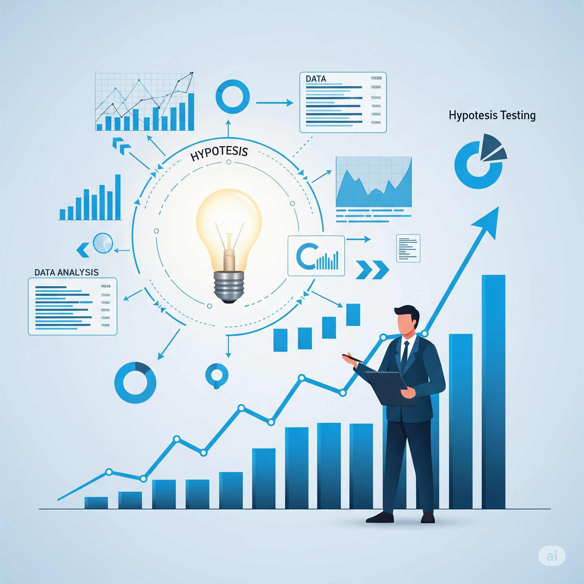 An abstract image showing a lightbulb representing an idea or hypothesis, connected to a series of data visualizations like charts and graphs, with an upward-trending arrow symbolizing progress and growth, all set against a background suggesting a business or analytical environment.
