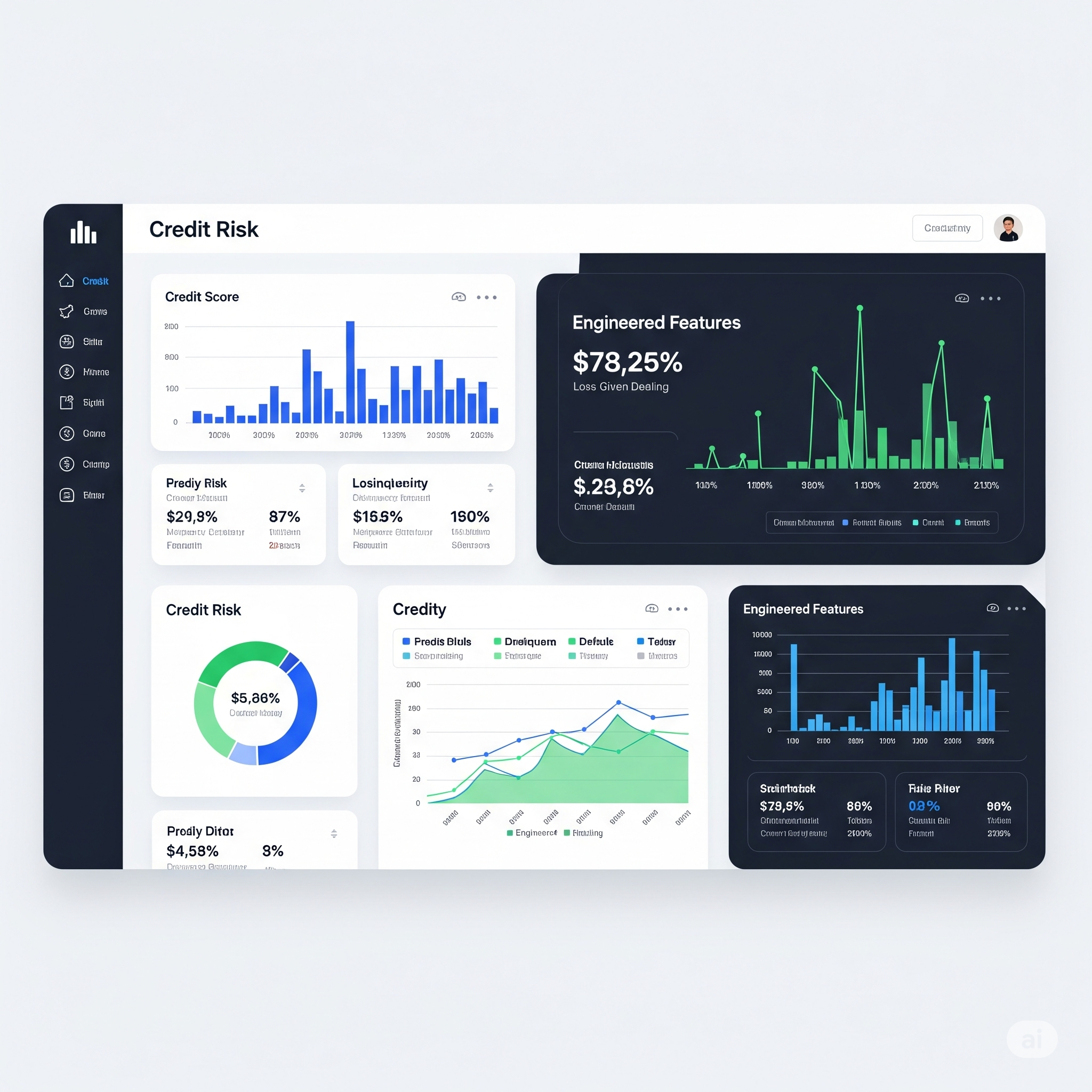 Digital dashboard showing financial metrics, credit scores, and risk indicators, representing an advanced credit assessment system.
